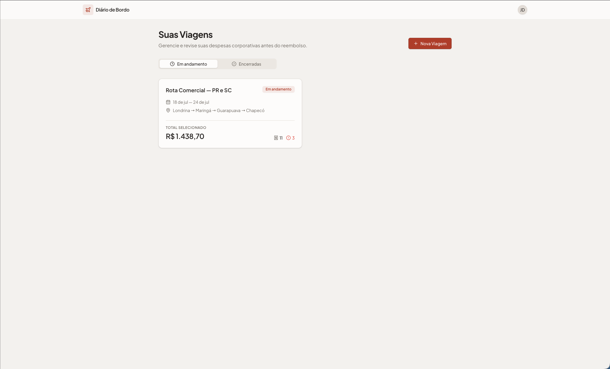 Lista de viagens no painel web